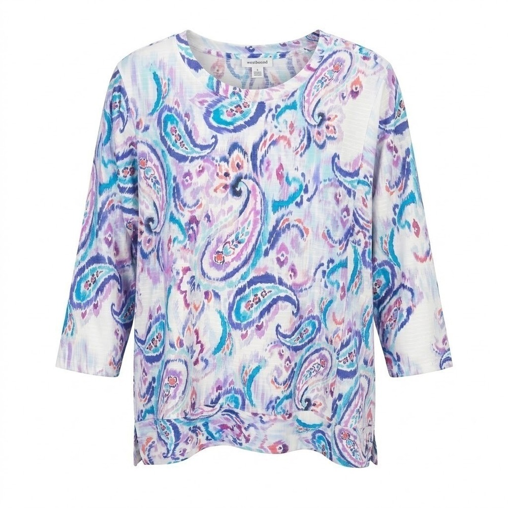 NEW Westbound Woman Plus 2X Paisley Ikat 3/4 Sleeve Top Purple White